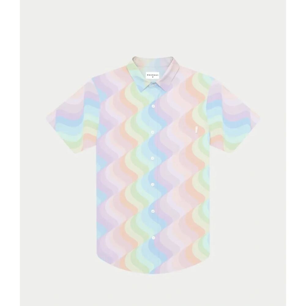 MAVRANS Men's Wavy Weekend Shirt Pastel Rainbow Wave Print Button-Up Large
